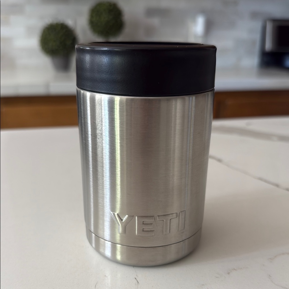 YETI Silver Stainless Steel Koozie with Black Lid